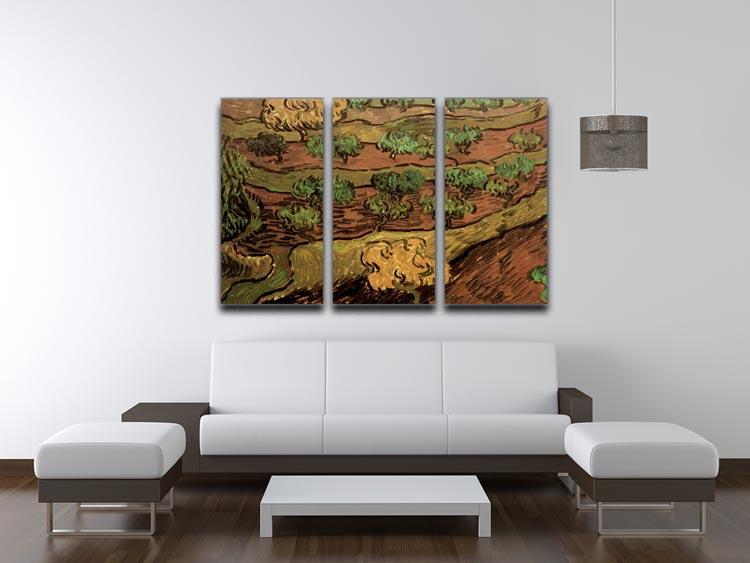 Three-panel canvas art featuring Van Gogh's Olive Trees against a slope, showcasing vibrant colors and dynamic brush strokes.