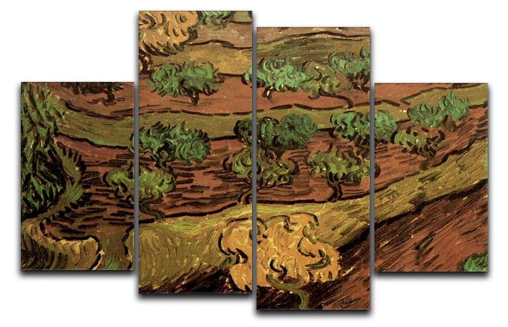 4 split panel canvas artwork of Van Gogh's Olive Trees against a Slope of a Hill, showcasing vibrant colors and dynamic design.