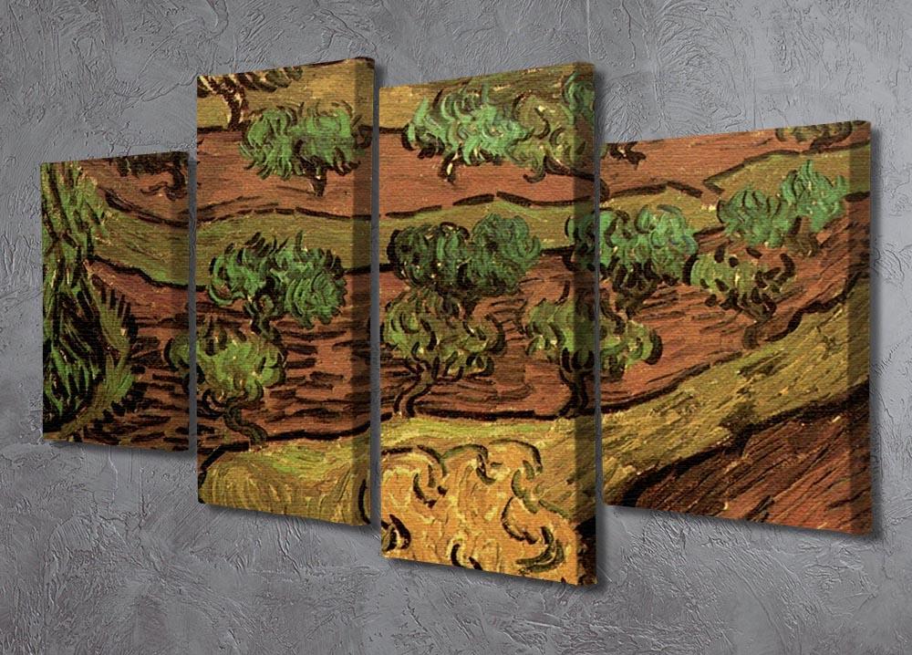4 split panel canvas artwork of Van Gogh's Olive Trees against a Slope of a Hill, showcasing vibrant colors and dynamic design.