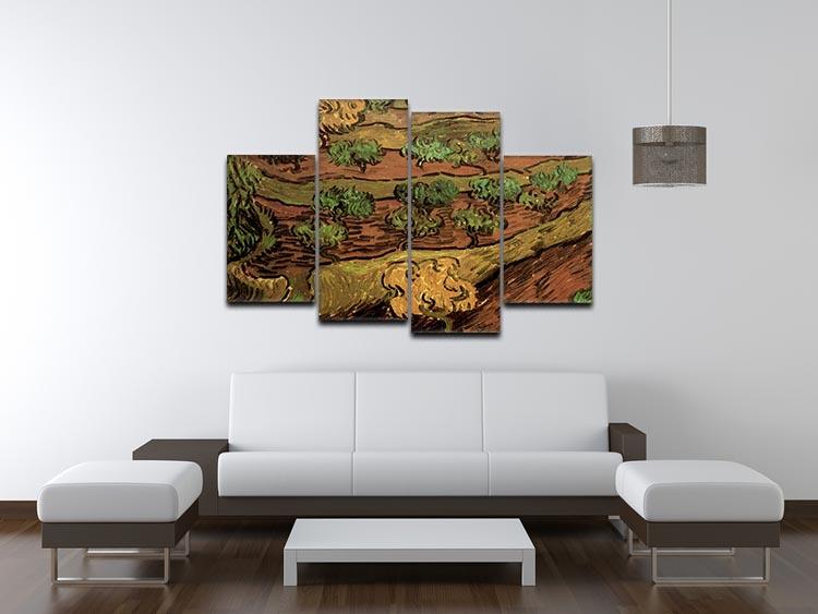 4 split panel canvas artwork of Van Gogh's Olive Trees against a Slope of a Hill, showcasing vibrant colors and dynamic design.
