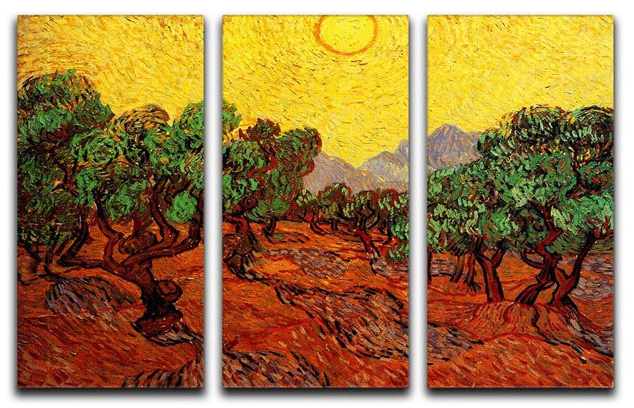 Three-panel canvas art featuring Van Gogh's Olive Trees under a yellow sky, showcasing vibrant colors and intricate details.