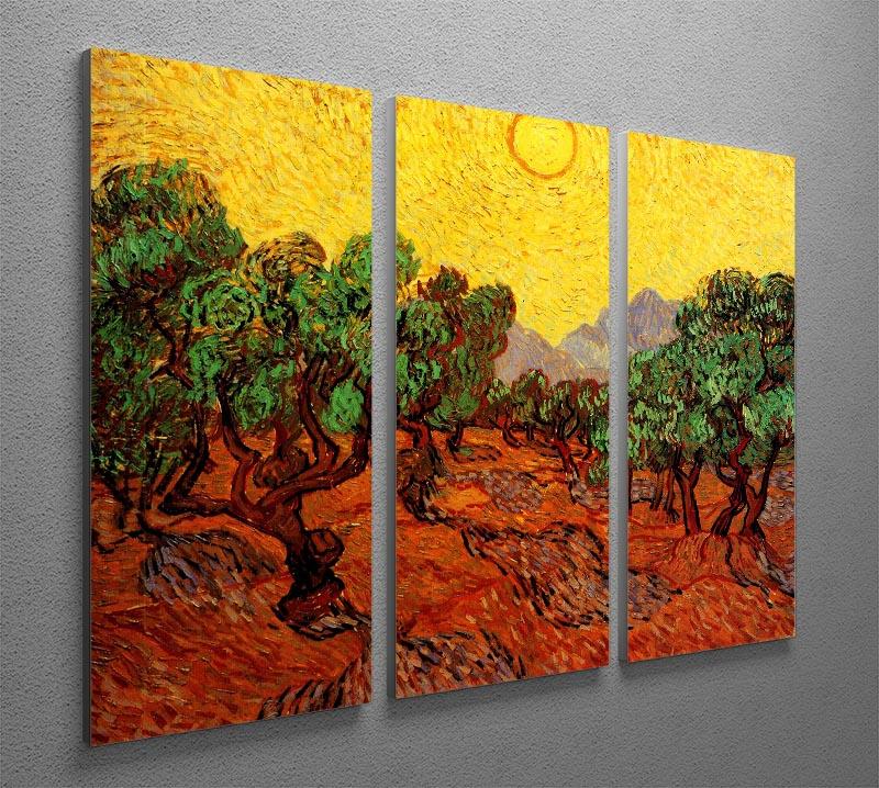 Three-panel canvas art featuring Van Gogh's Olive Trees under a yellow sky, showcasing vibrant colors and intricate details.