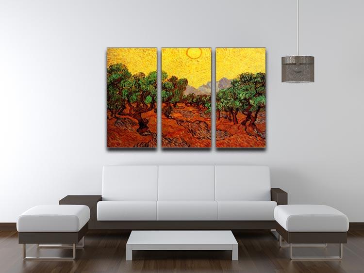 Three-panel canvas art featuring Van Gogh's Olive Trees under a yellow sky, showcasing vibrant colors and intricate details.