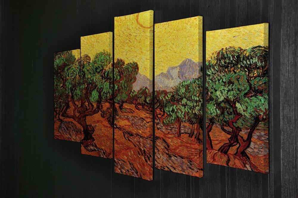5-split canvas artwork featuring Van Gogh's Olive Trees against a yellow sky, showcasing vibrant colors and dynamic composition.