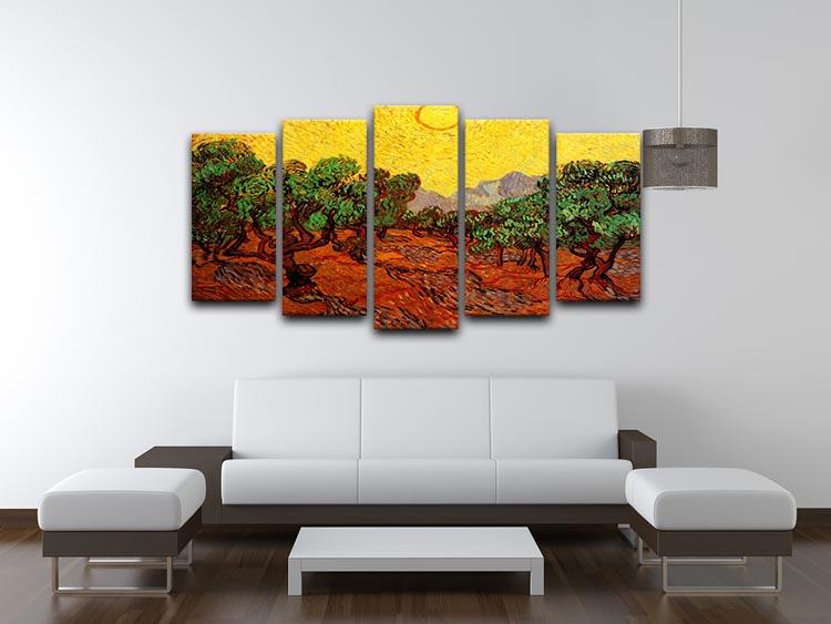 5-split canvas artwork featuring Van Gogh's Olive Trees against a yellow sky, showcasing vibrant colors and dynamic composition.