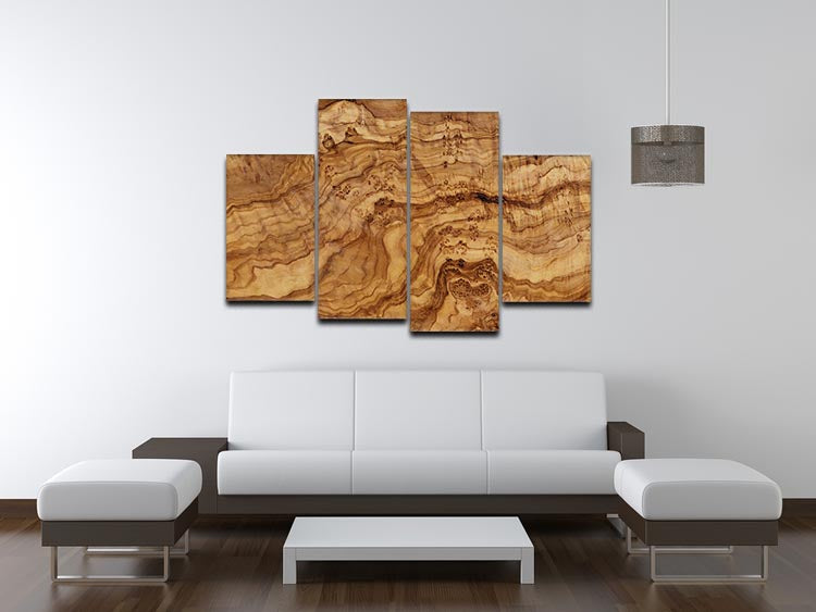 Olive wood board featuring a 4 split panel canvas artwork, showcasing rich grain patterns and warm tones.