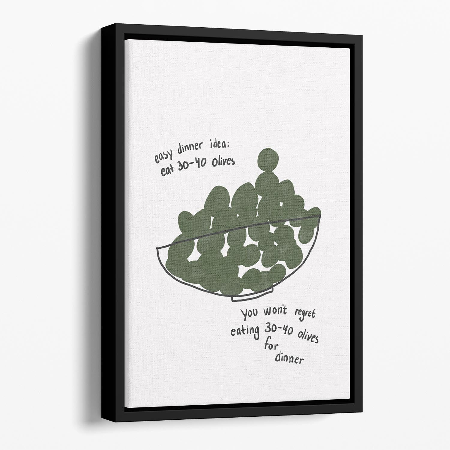 Olives for Dinner Floating Framed Canvas showcasing vibrant abstract art in a handcrafted wooden frame.