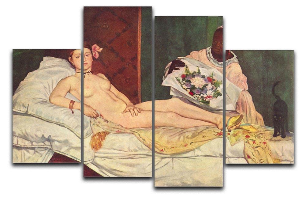 Olympia 1 by Manet 4 Split Panel Canvas artwork featuring four panels of a classic painting, showcasing vibrant colors and intricate details.