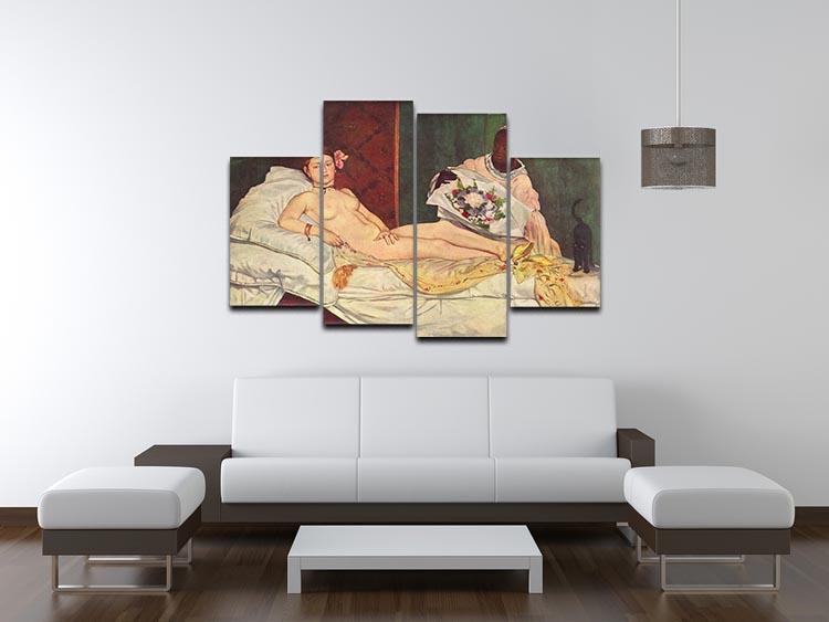 Olympia 1 by Manet 4 Split Panel Canvas artwork featuring four panels of a classic painting, showcasing vibrant colors and intricate details.
