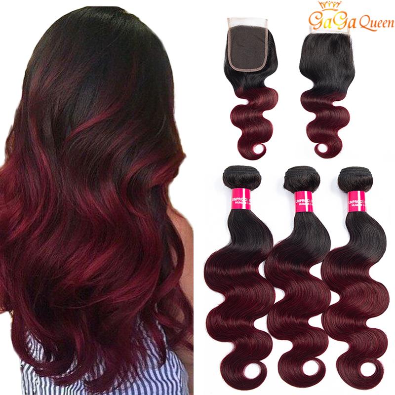Ombre body wave hair bundles in burgundy with a lace closure, showcasing soft and shiny texture.