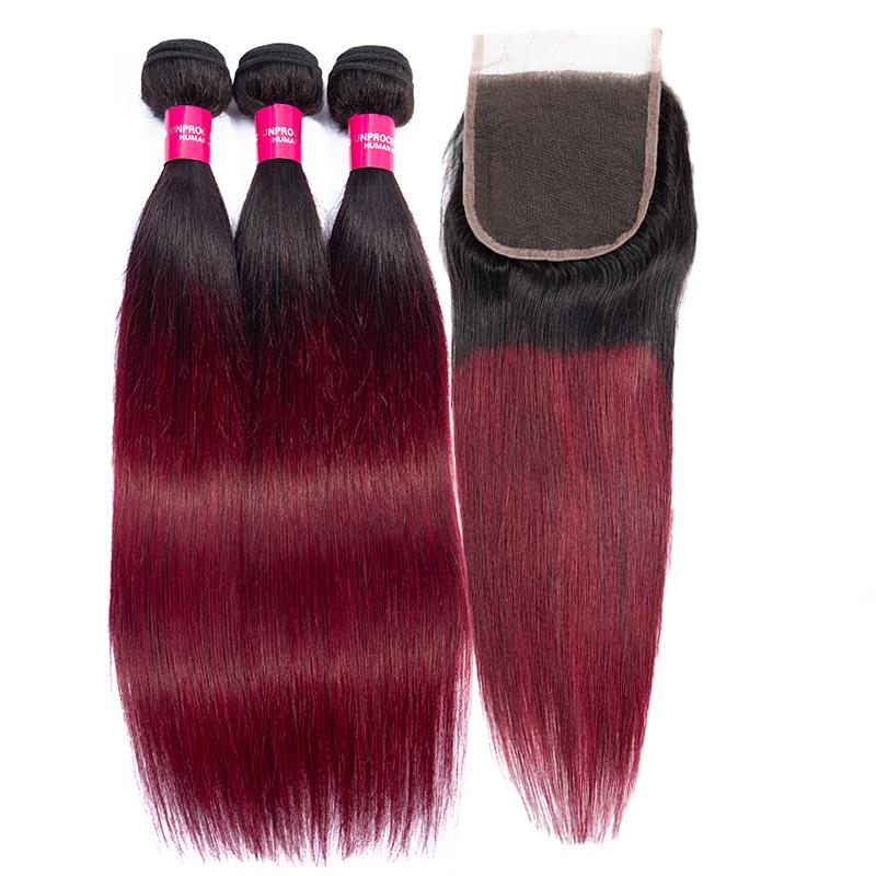 Ombre Peruvian Straight Hair Weave Bundles with Closure in 1B/Burgundy color, showcasing the luxurious texture and vibrant ombre effect.