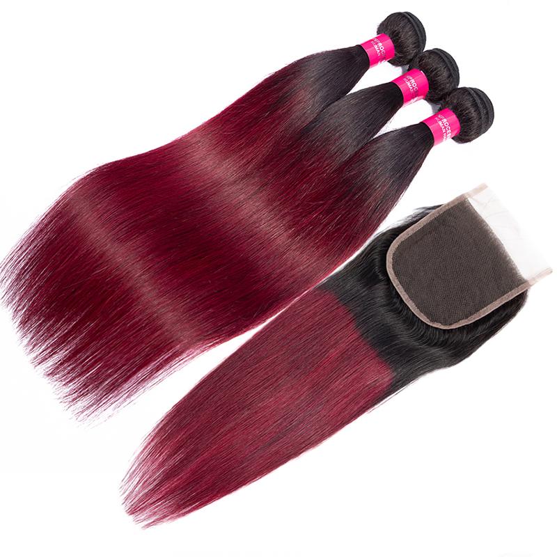 Ombre Peruvian Straight Hair Weave Bundles with Closure in 1B/Burgundy color, showcasing the luxurious texture and vibrant ombre effect.