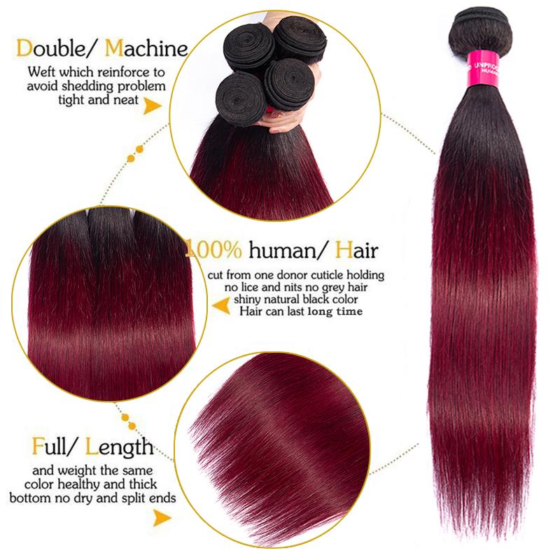 Ombre Peruvian Straight Hair Weave Bundles with Closure in 1B/Burgundy color, showcasing the luxurious texture and vibrant ombre effect.