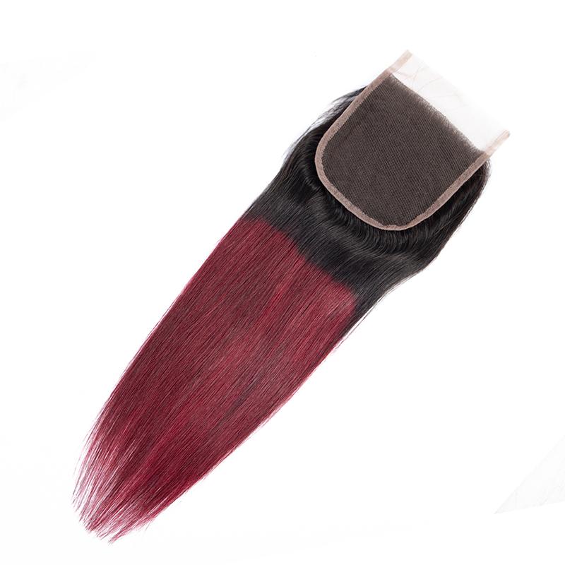 Ombre Peruvian Straight Hair Weave Bundles with Closure in 1B/Burgundy color, showcasing the luxurious texture and vibrant ombre effect.