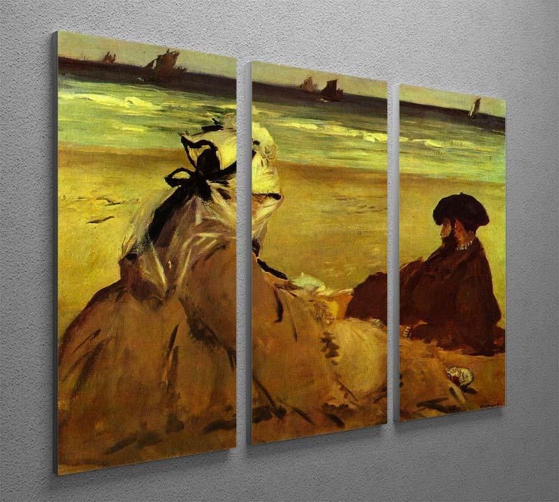Three-panel canvas print featuring Edouard Manet's On the Beach artwork, showcasing vibrant colors and elegant design.
