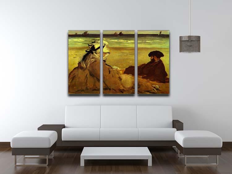 Three-panel canvas print featuring Edouard Manet's On the Beach artwork, showcasing vibrant colors and elegant design.