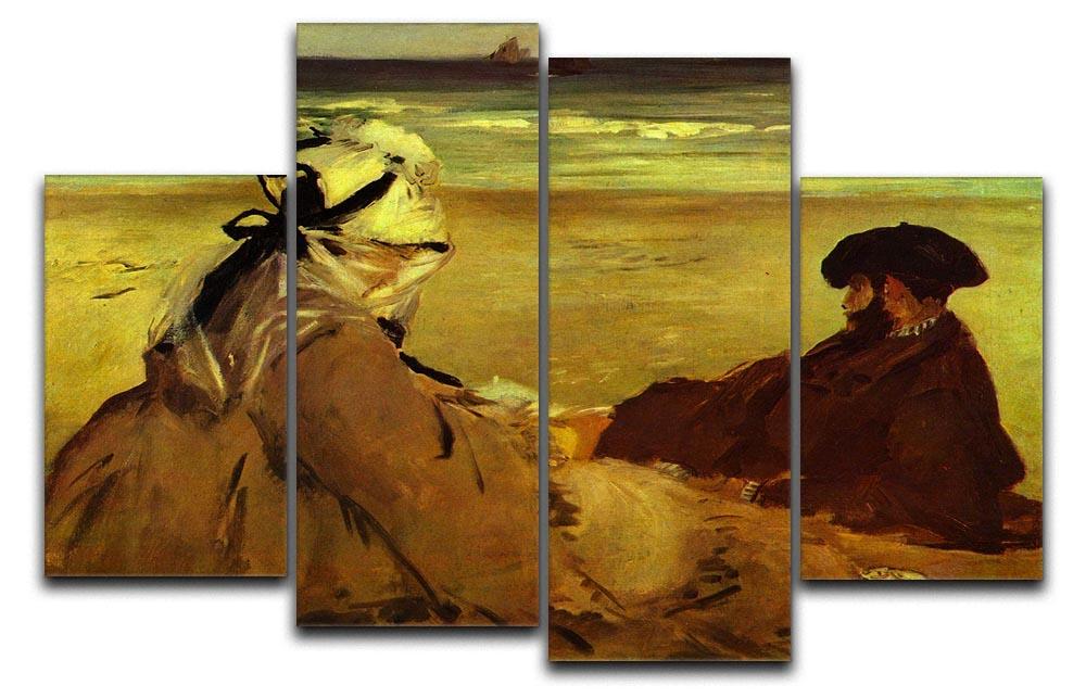 A 4-split canvas artwork featuring Edouard Manet's On the Beach, showcasing a serene beach scene divided into four panels.