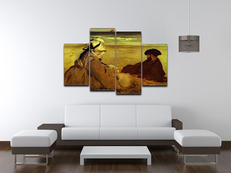 A 4-split canvas artwork featuring Edouard Manet's On the Beach, showcasing a serene beach scene divided into four panels.