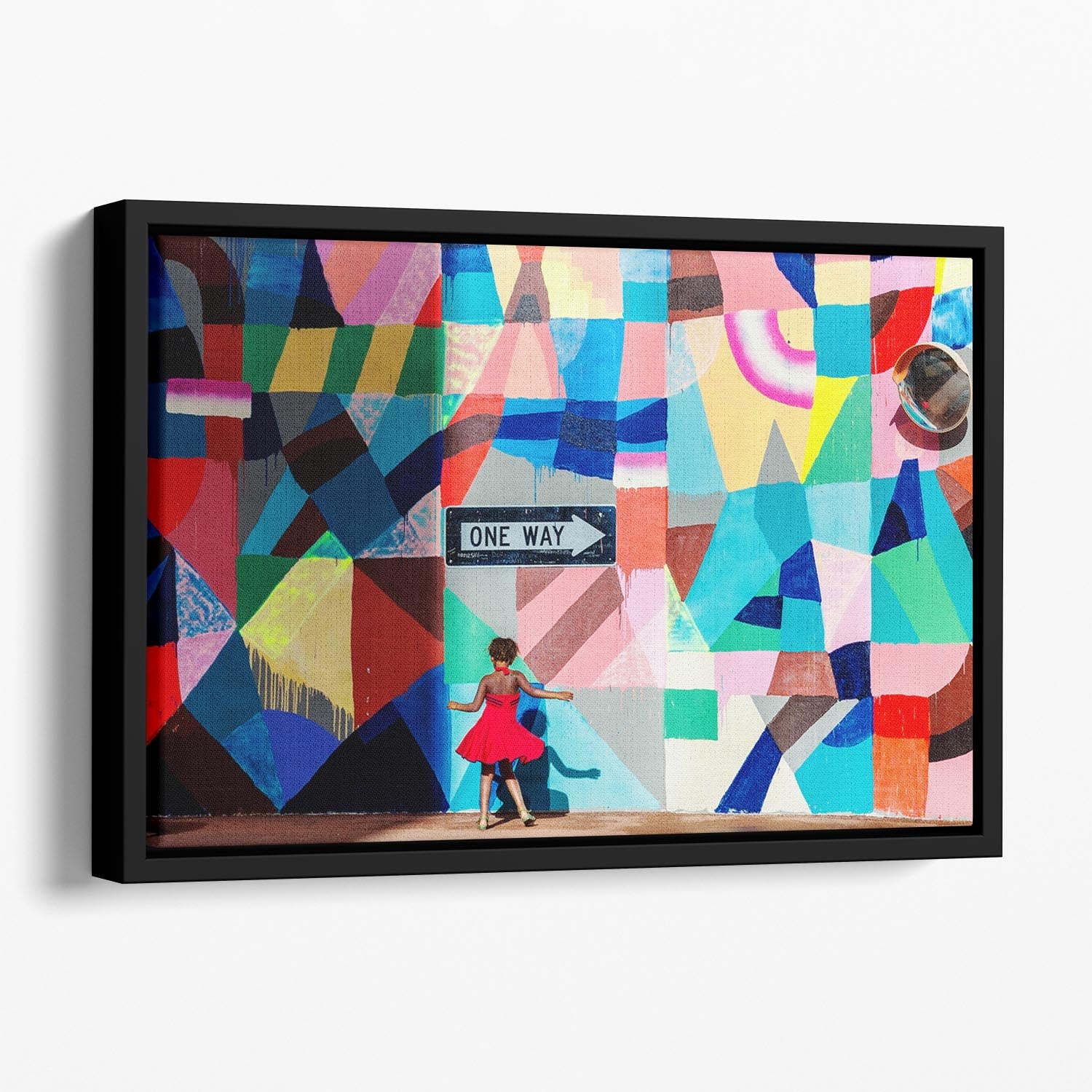 One Way Floating Framed Canvas featuring vibrant abstract art in an elegant wooden frame, perfect for modern home decor.