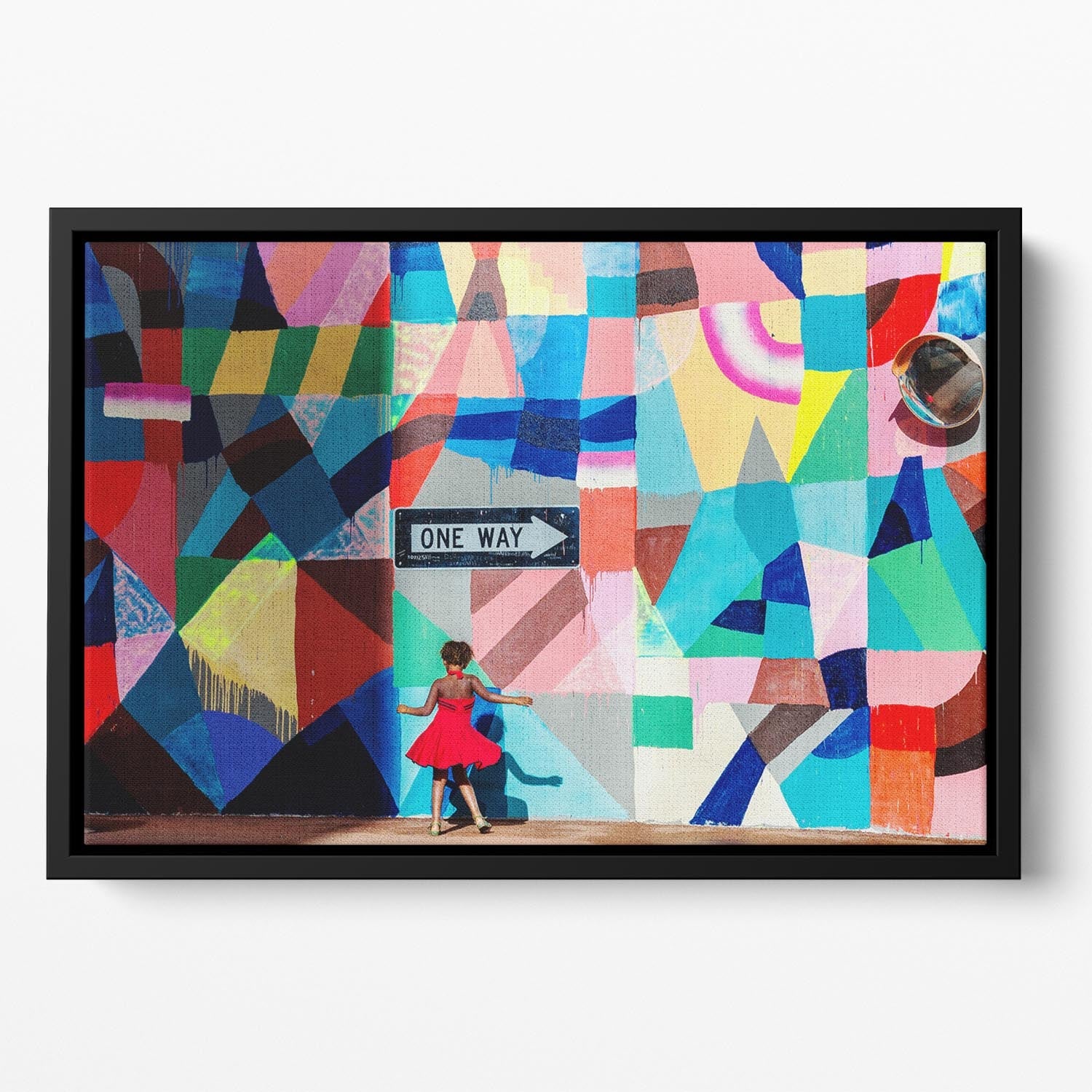 One Way Floating Framed Canvas featuring vibrant abstract art in an elegant wooden frame, perfect for modern home decor.