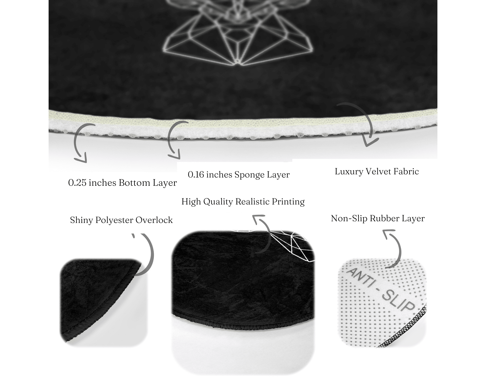 OneDraw Deer Head Pattern Black Washable Round Rug featuring a bold deer head design on a black background, perfect for home decor.