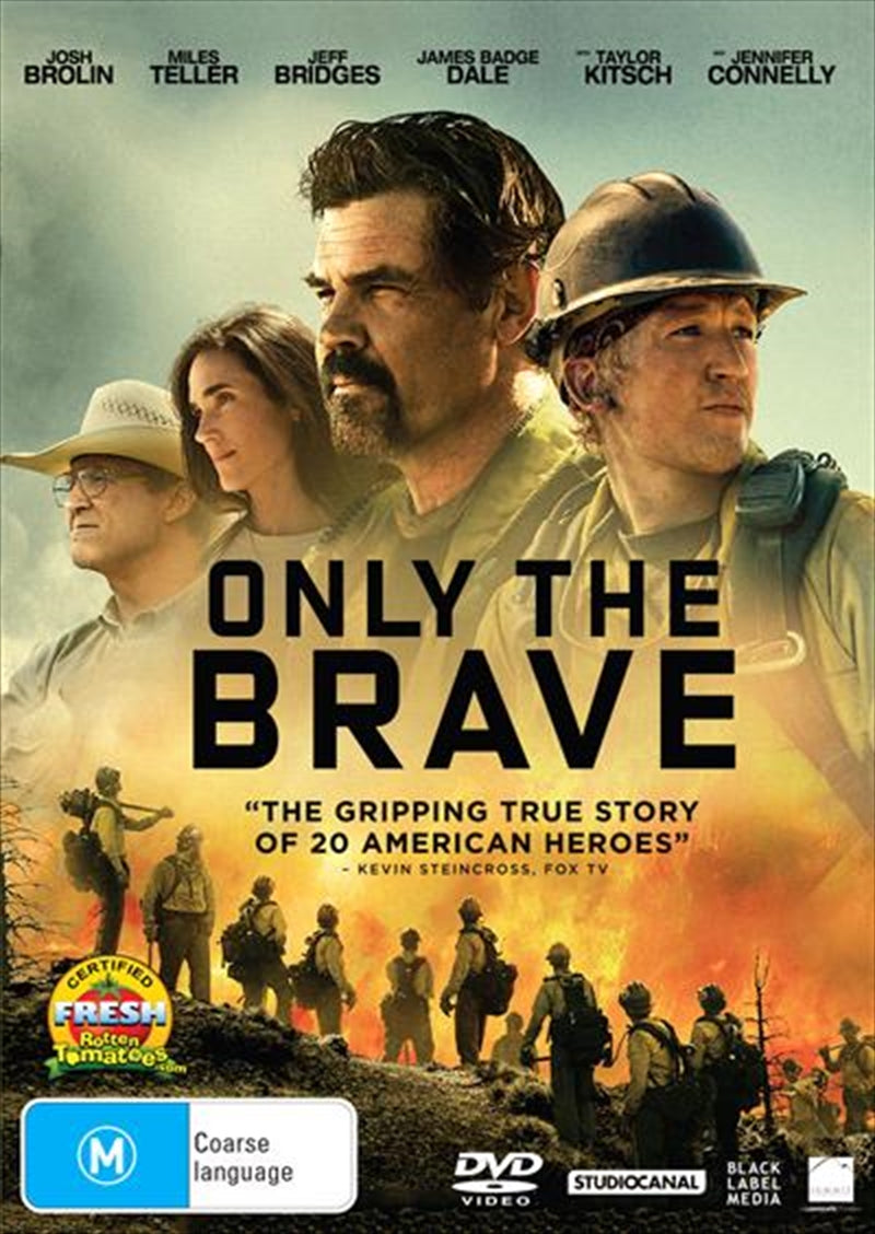 Only The Brave DVD cover featuring firefighters in action, showcasing bravery and teamwork.