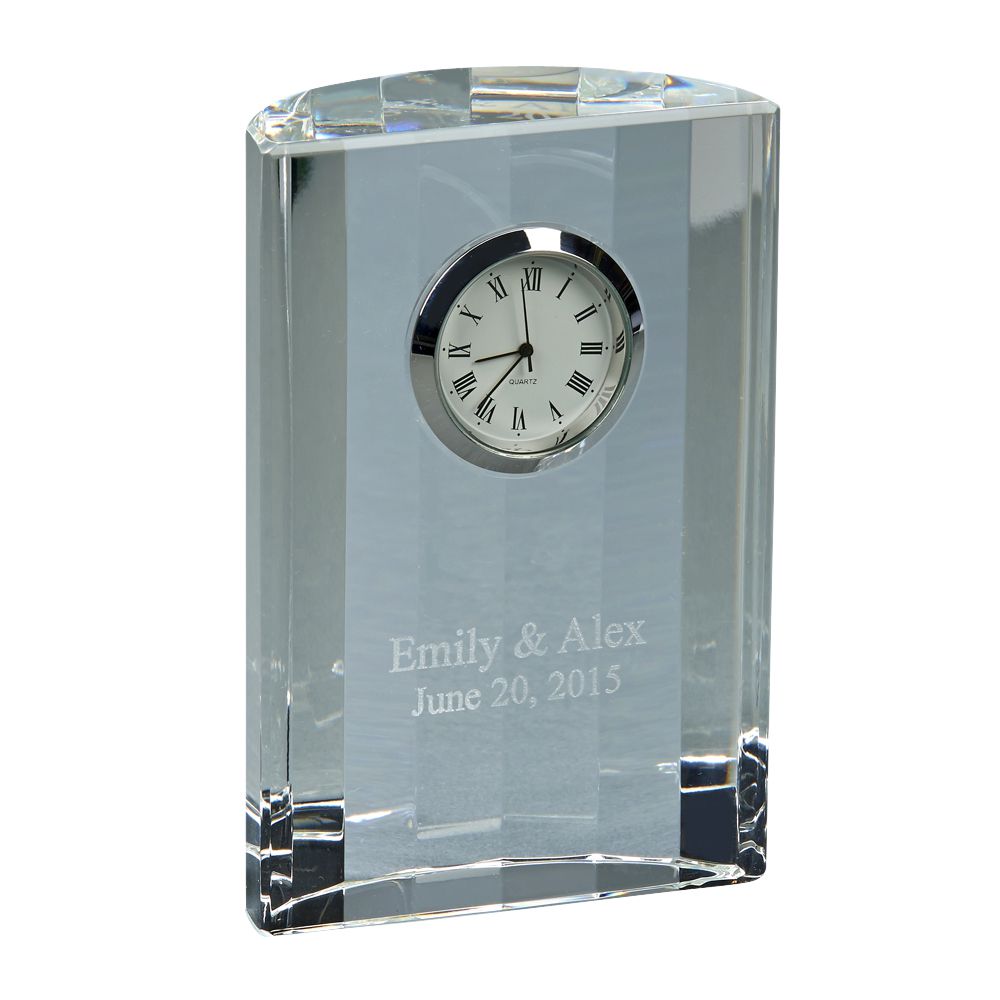Optic Crystal Semi-circular Clock with chrome bezel and white clock face, featuring Roman numerals and a personalized engraving area.
