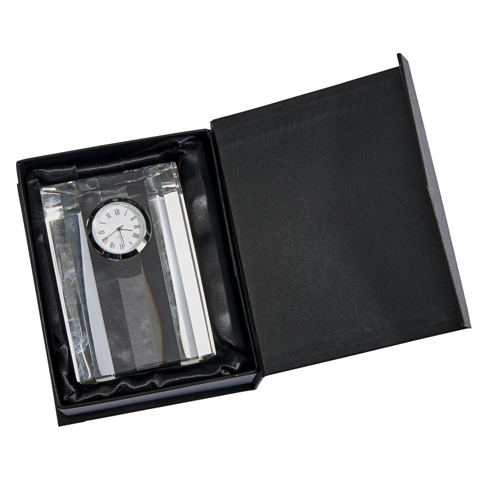 Optic Crystal Semi-circular Clock with chrome bezel and white clock face, featuring Roman numerals and a personalized engraving area.