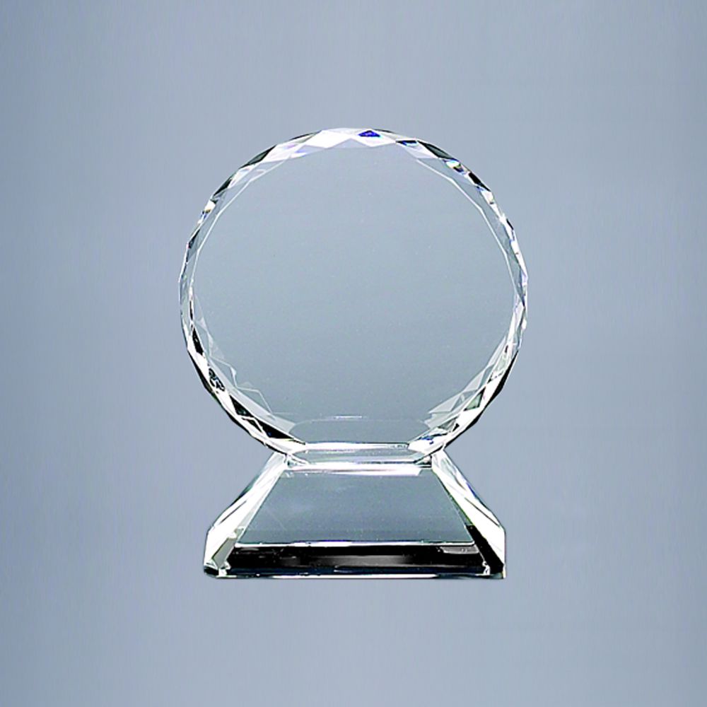 Elegant 5.75-inch optic crystal trophy with facet cuts on a base, perfect for awards.