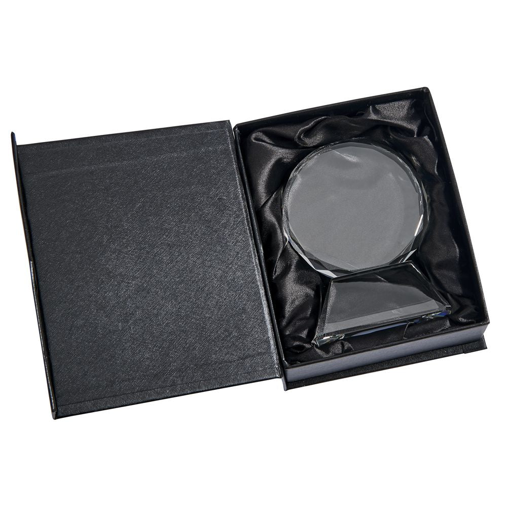 Elegant 5.75-inch optic crystal trophy with facet cuts on a base, perfect for awards.