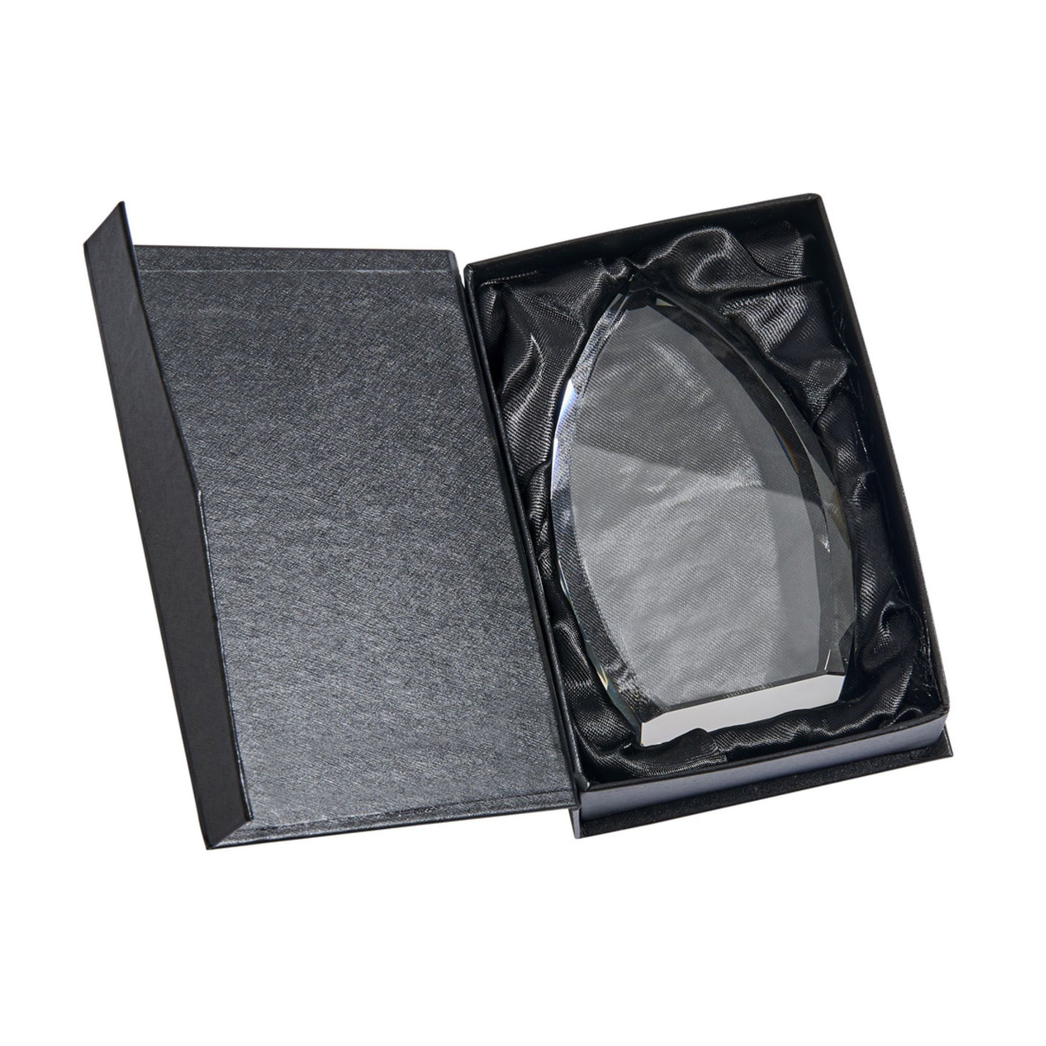 7-inch tall optic crystal trophy point with teardrop shape and shimmering facets.