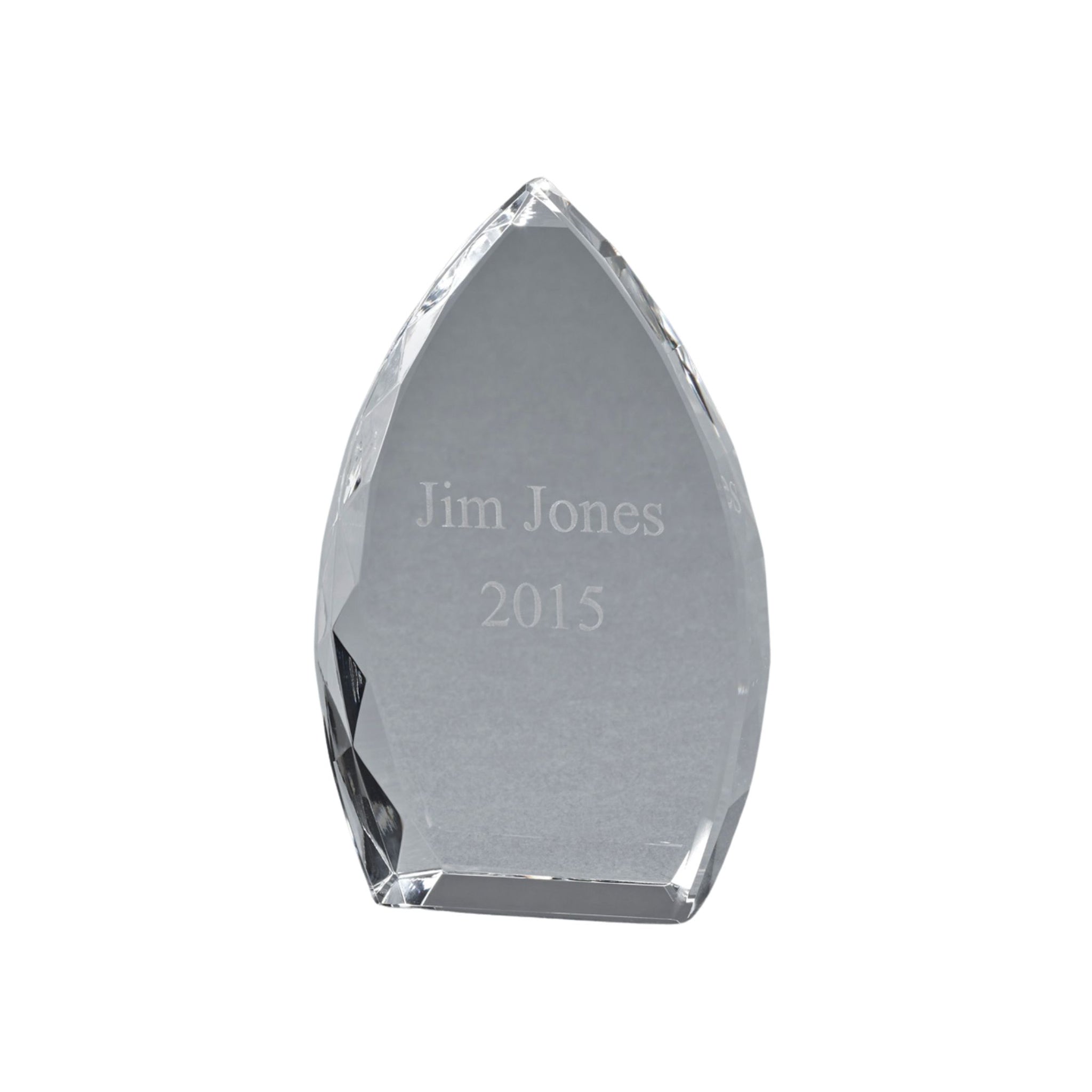 7-inch tall optic crystal trophy point with teardrop shape and shimmering facets.