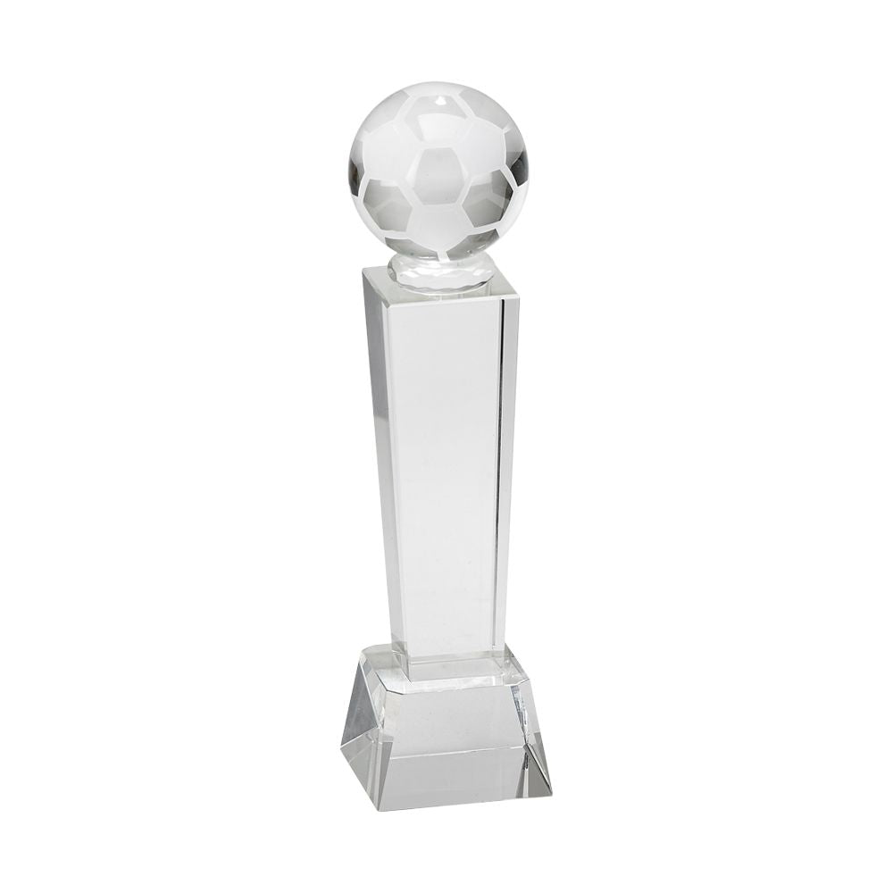Optic Obelisk Soccer Trophy, 9.5 inches tall, featuring a crystal soccer ball on top and a heavy lead-free crystal base.