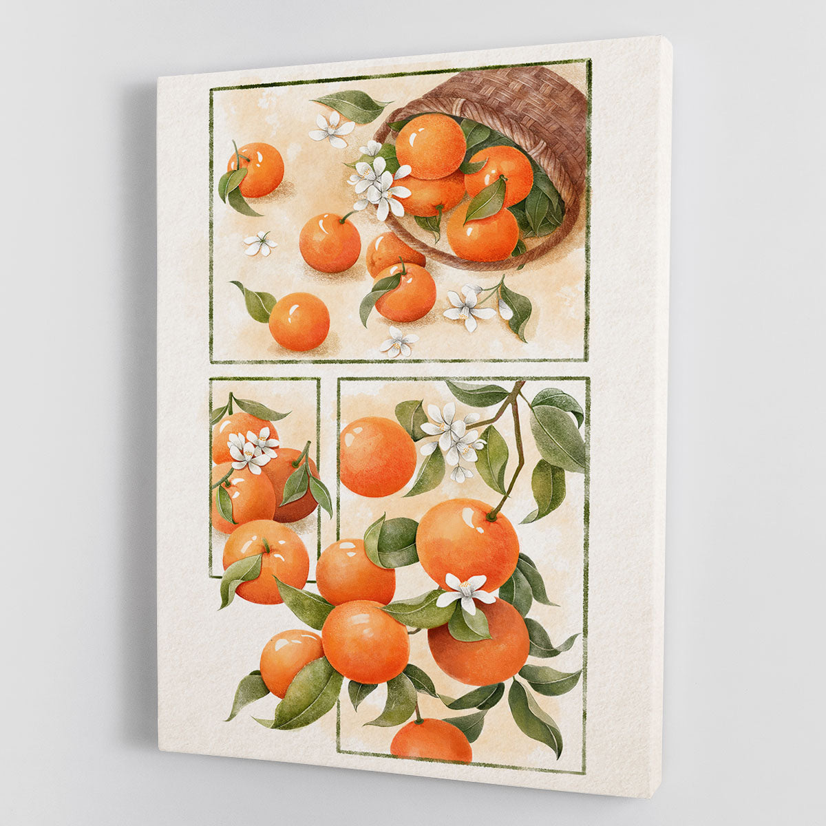 A vibrant canvas print featuring delicate orange blossoms on a soft background, perfect for home decor.