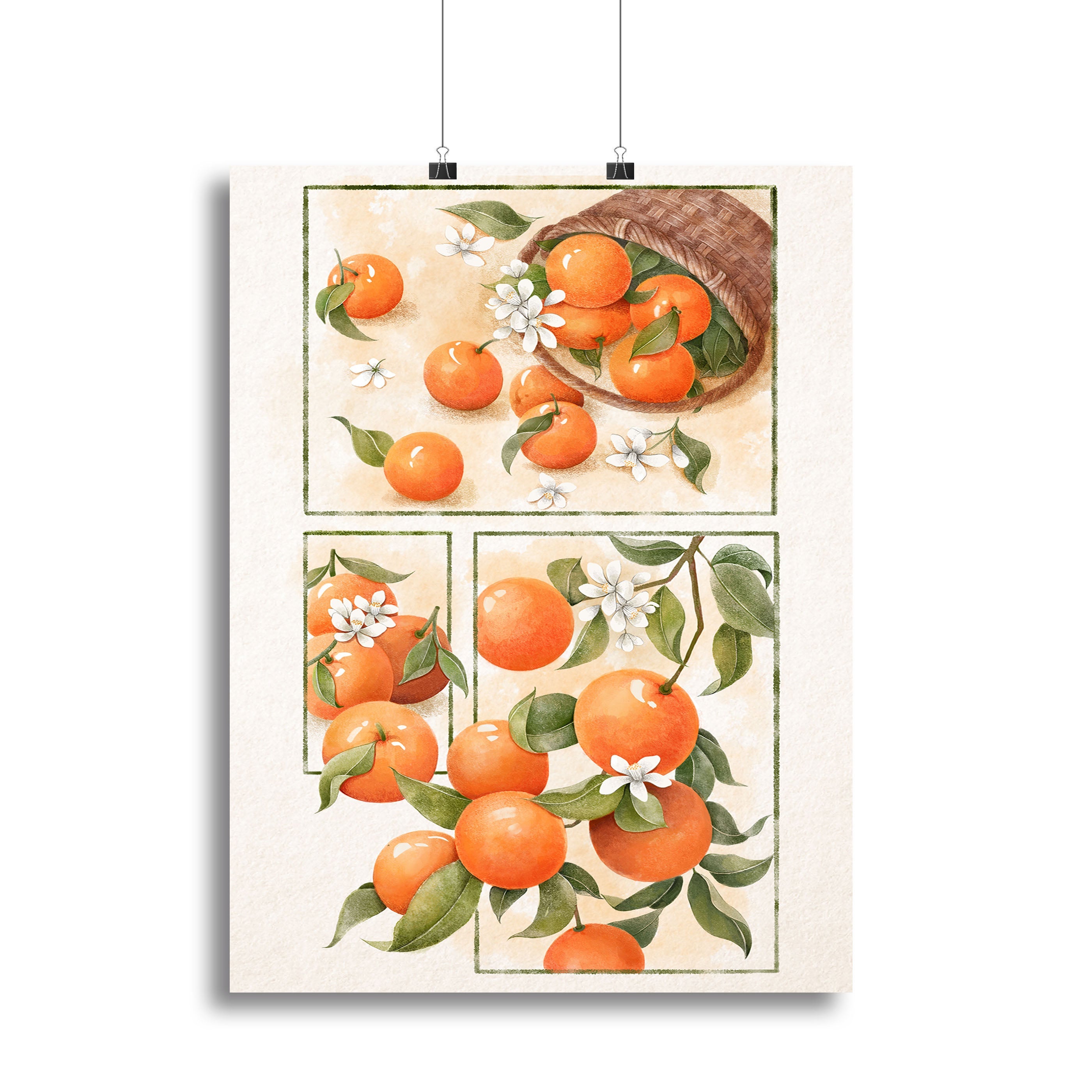 A vibrant canvas print featuring delicate orange blossoms on a soft background, perfect for home decor.