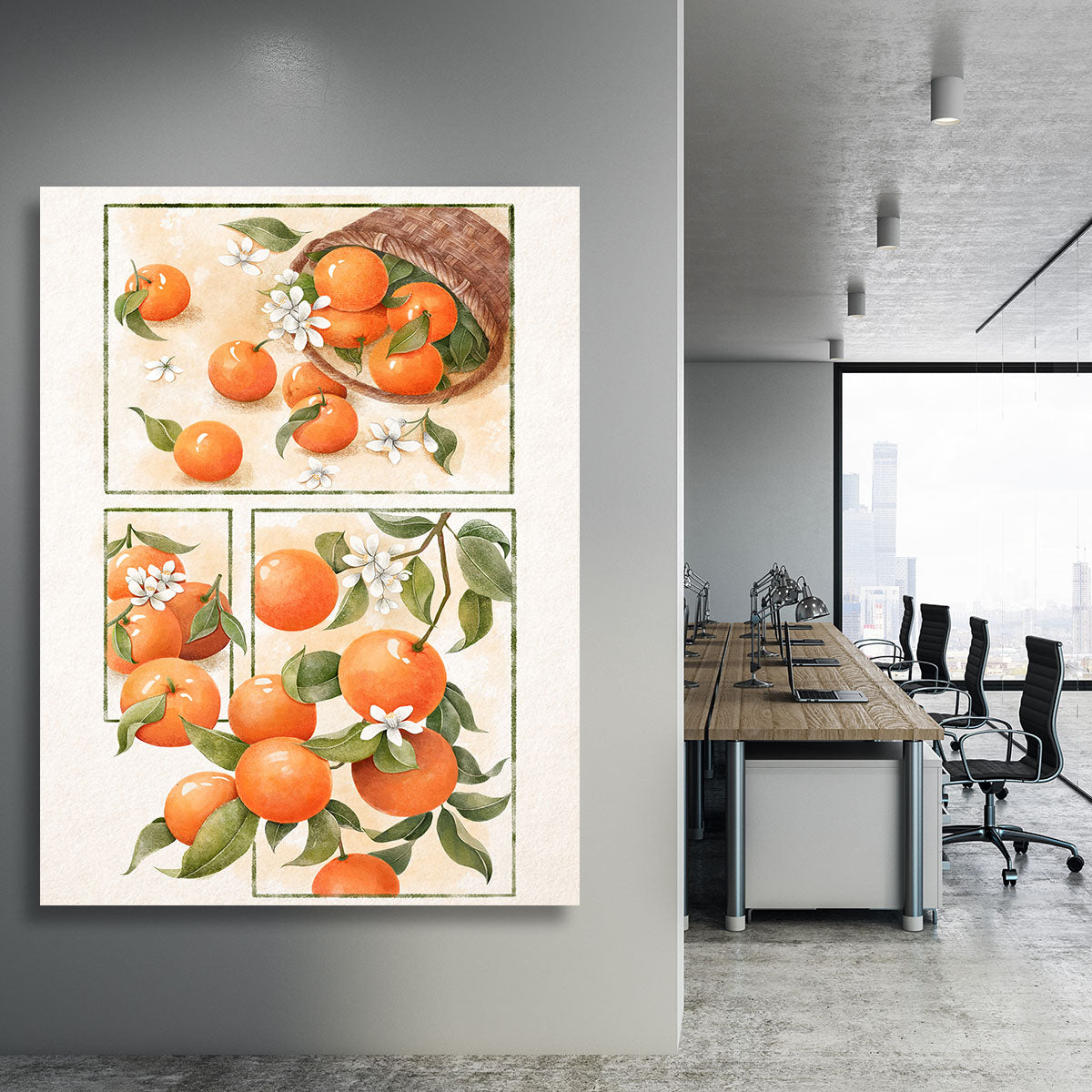 A vibrant canvas print featuring delicate orange blossoms on a soft background, perfect for home decor.