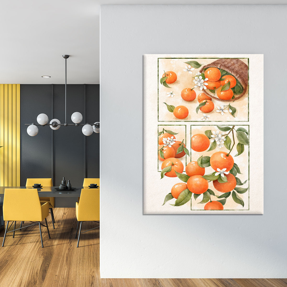 A vibrant canvas print featuring delicate orange blossoms on a soft background, perfect for home decor.