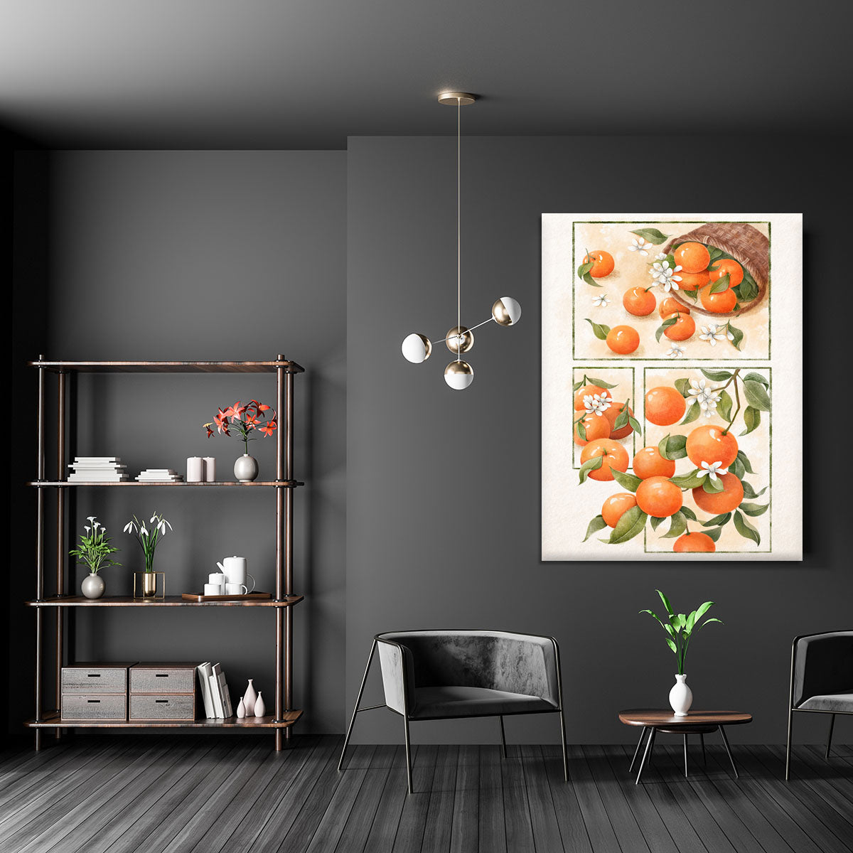 A vibrant canvas print featuring delicate orange blossoms on a soft background, perfect for home decor.