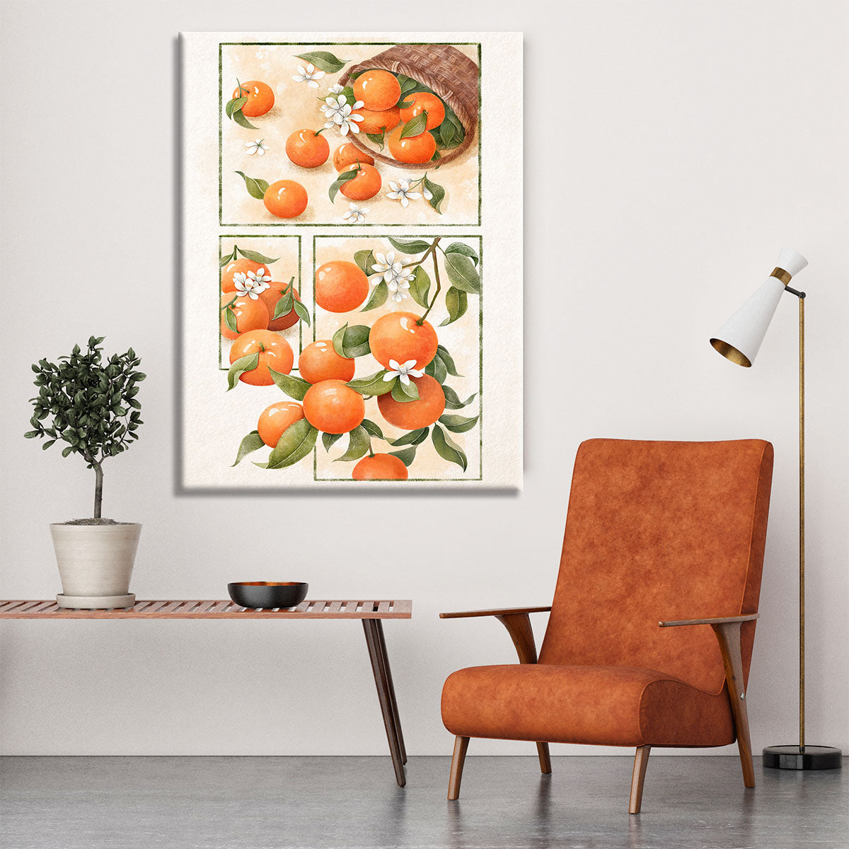 A vibrant canvas print featuring delicate orange blossoms on a soft background, perfect for home decor.