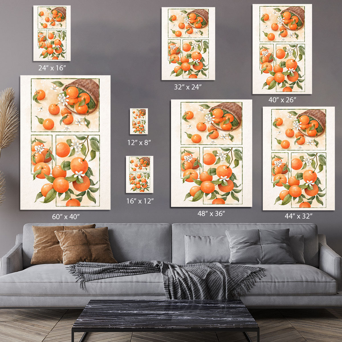 A vibrant canvas print featuring delicate orange blossoms on a soft background, perfect for home decor.