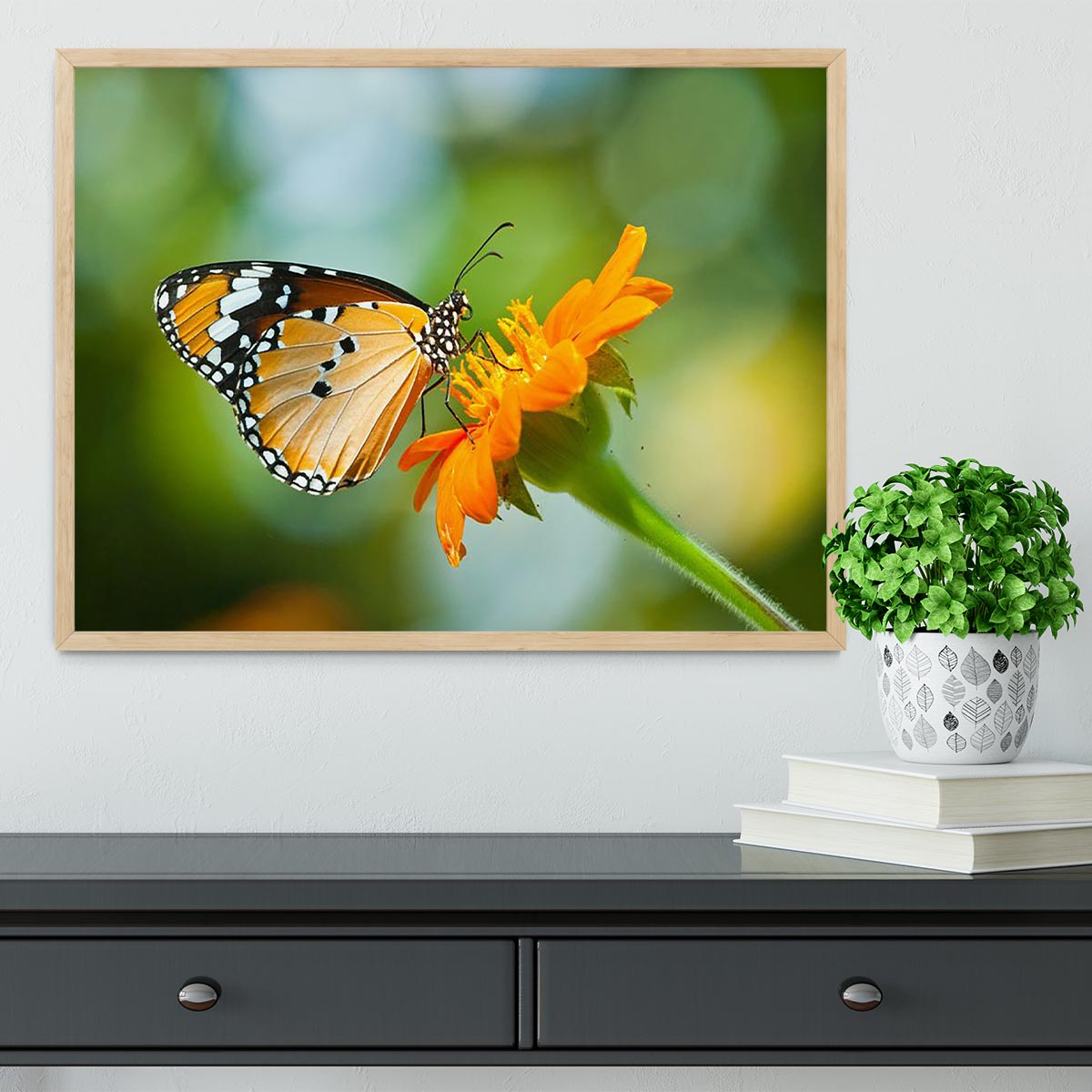 Framed print of an orange butterfly on a flower, showcasing vibrant colors and intricate details, perfect for home decor.