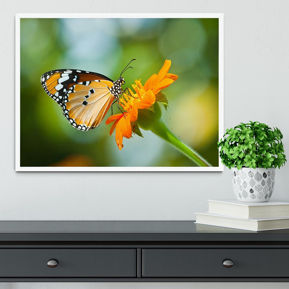 Framed print of an orange butterfly on a flower, showcasing vibrant colors and intricate details, perfect for home decor.