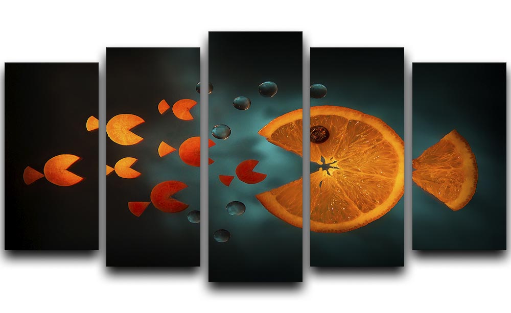 A vibrant orange fish artwork displayed on five split canvas panels, creating a dynamic and engaging visual centerpiece.