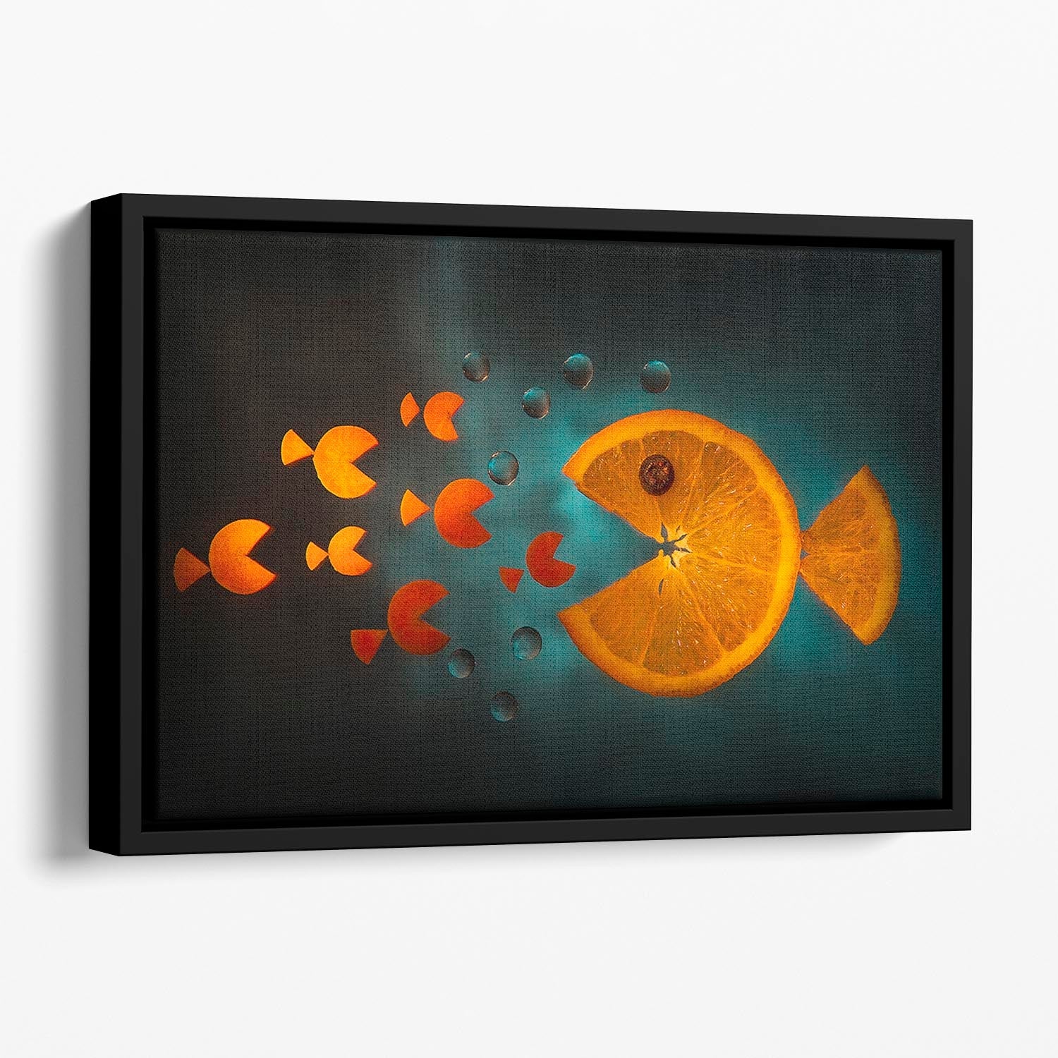 Vibrant orange fish abstract wall art in a floating frame, showcasing contemporary design and craftsmanship.
