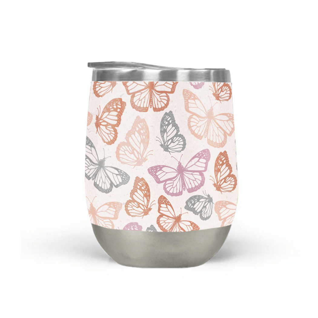 Orange and pink butterfly wine tumbler with double-wall insulation, perfect for outdoor use.