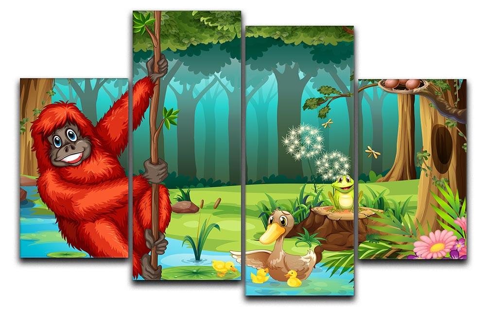 A vibrant 4-panel canvas artwork depicting an orangutan swinging in a lush jungle, showcasing rich colors and intricate details.