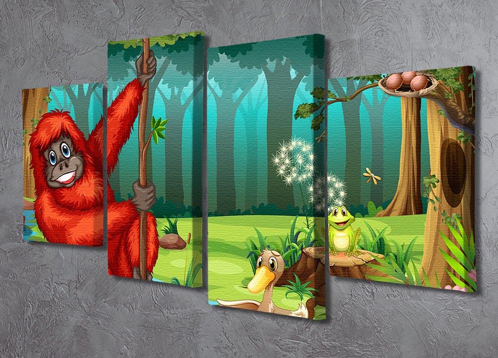 A vibrant 4-panel canvas artwork depicting an orangutan swinging in a lush jungle, showcasing rich colors and intricate details.