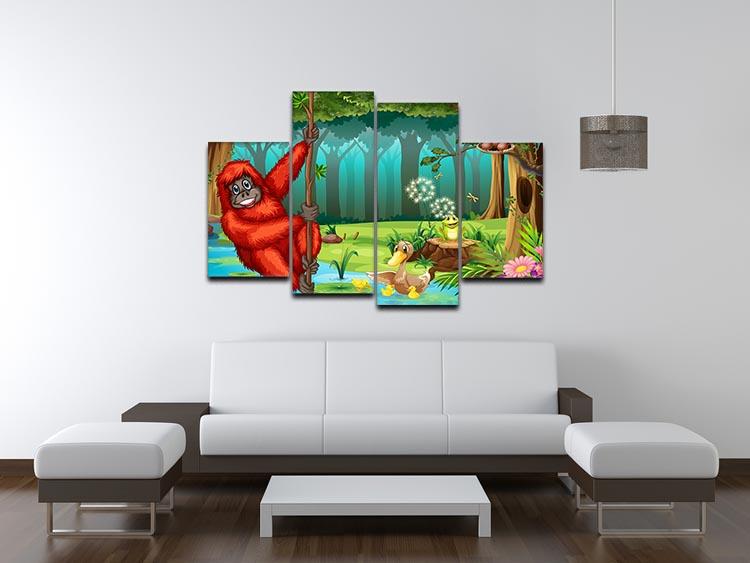 A vibrant 4-panel canvas artwork depicting an orangutan swinging in a lush jungle, showcasing rich colors and intricate details.