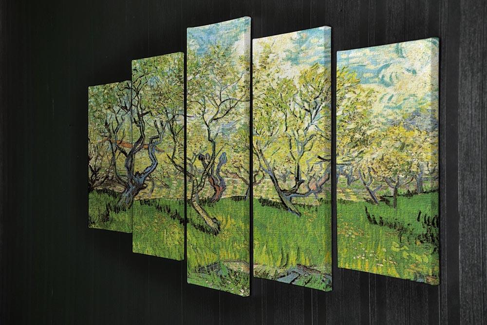 5 split panel canvas artwork featuring Van Gogh's Orchard in Blossom, showcasing vibrant blossoms and lush greenery.