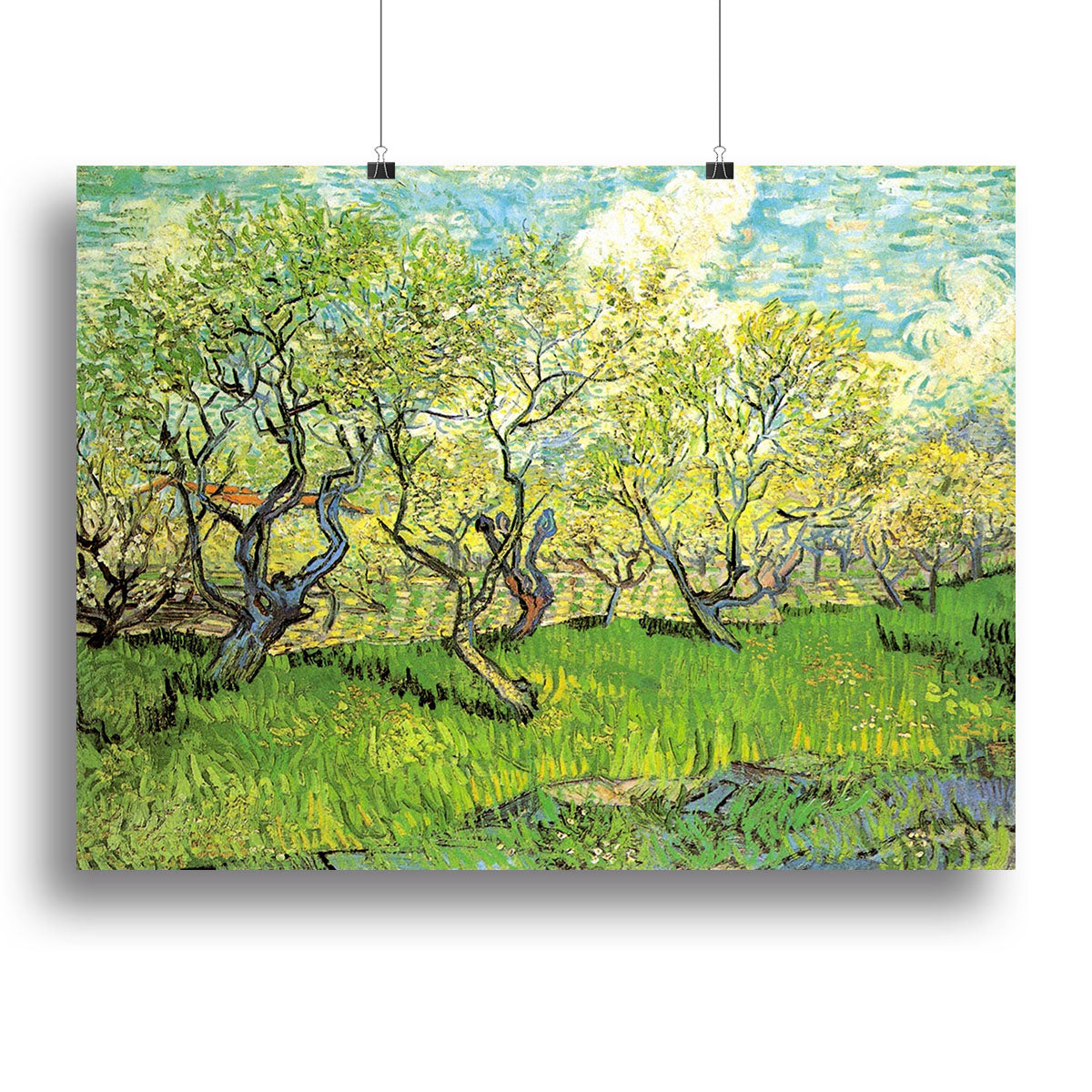 Canvas print of Van Gogh's Orchard in Blossom 2, showcasing vibrant blossoms and a serene landscape.